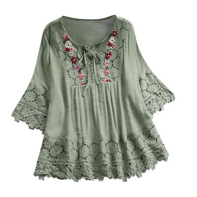 Plus Size Blouse Women Vintage Lace Patchwork Bow V-Neck Embroidery Summer Three Quarter Retro Solid Tops T-Shirts Green