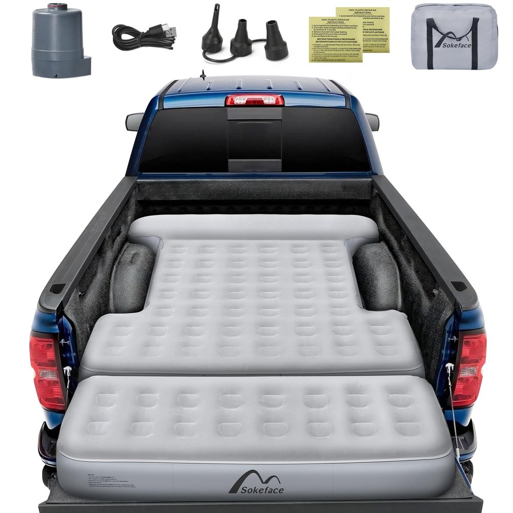 Sokeface Tailgate Extendable Truck Bed Mattress with Built-in Pump, Heavy-Duty, Truck Bed Air Mattress for 5.5-5.8ft Full Size, Easy Setup, Large Carry Bag, Leak-Resistant Mattress for Camping