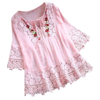 Plus Size Blouse Women Vintage Lace Patchwork Bow V-Neck Embroidery Summer Three Quarter Retro Solid Tops T-Shirts Pink