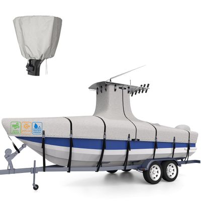 1200D 5-Ply T-Top Boat Cover for 17-19ft Center Console Boats with T Top Roof, Waterproof, Tear & Fade Resistant | Includes Motor Cover + Upgraded 15 Windproof Straps | All-Weather Protection