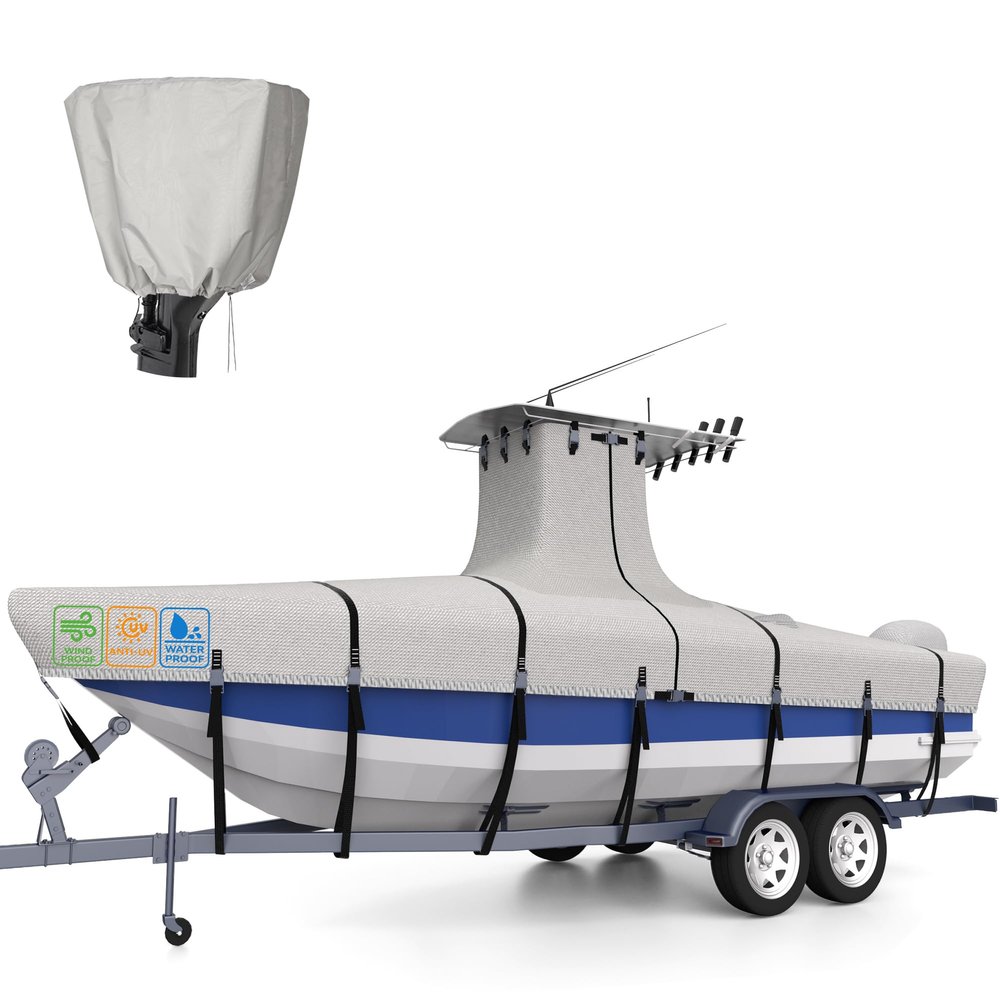 1200D 5-Ply T-Top Boat Cover for 17-19ft Center Console Boats with T Top Roof, Waterproof, Tear & Fade Resistant | Includes Motor Cover + Upgraded 15 Windproof Straps | All-Weather Protection