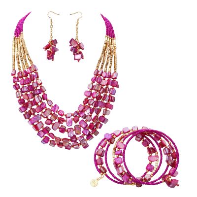 Firstmeet Bohemian Multi-Layer Shell Beaded Necklace With Earrings Bracelet Seed Bead Irregular Costume Jewelry for Women(XL-1201-Rose Set)