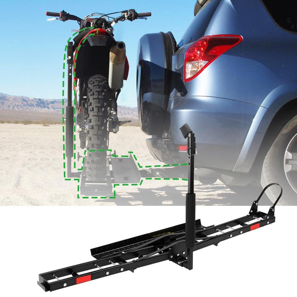 500LBS Motorcycle Hitch Carrier, Motorcycle Dirt Bike Scooter Carrier Hitch Mount Rack Hauler Trailer with Loading Ramp and Anti-Tilt Locking