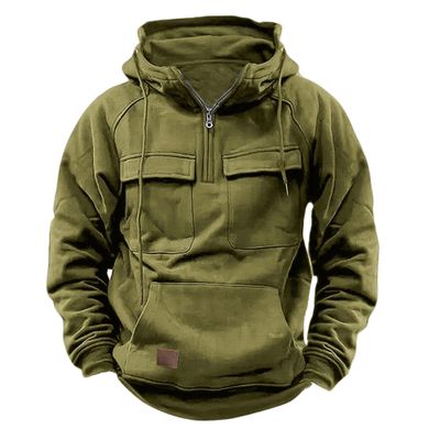 Dressnu Men's Hooded Solid Color Sweatshirt Sport Multi-Pocket Jacket Army green S