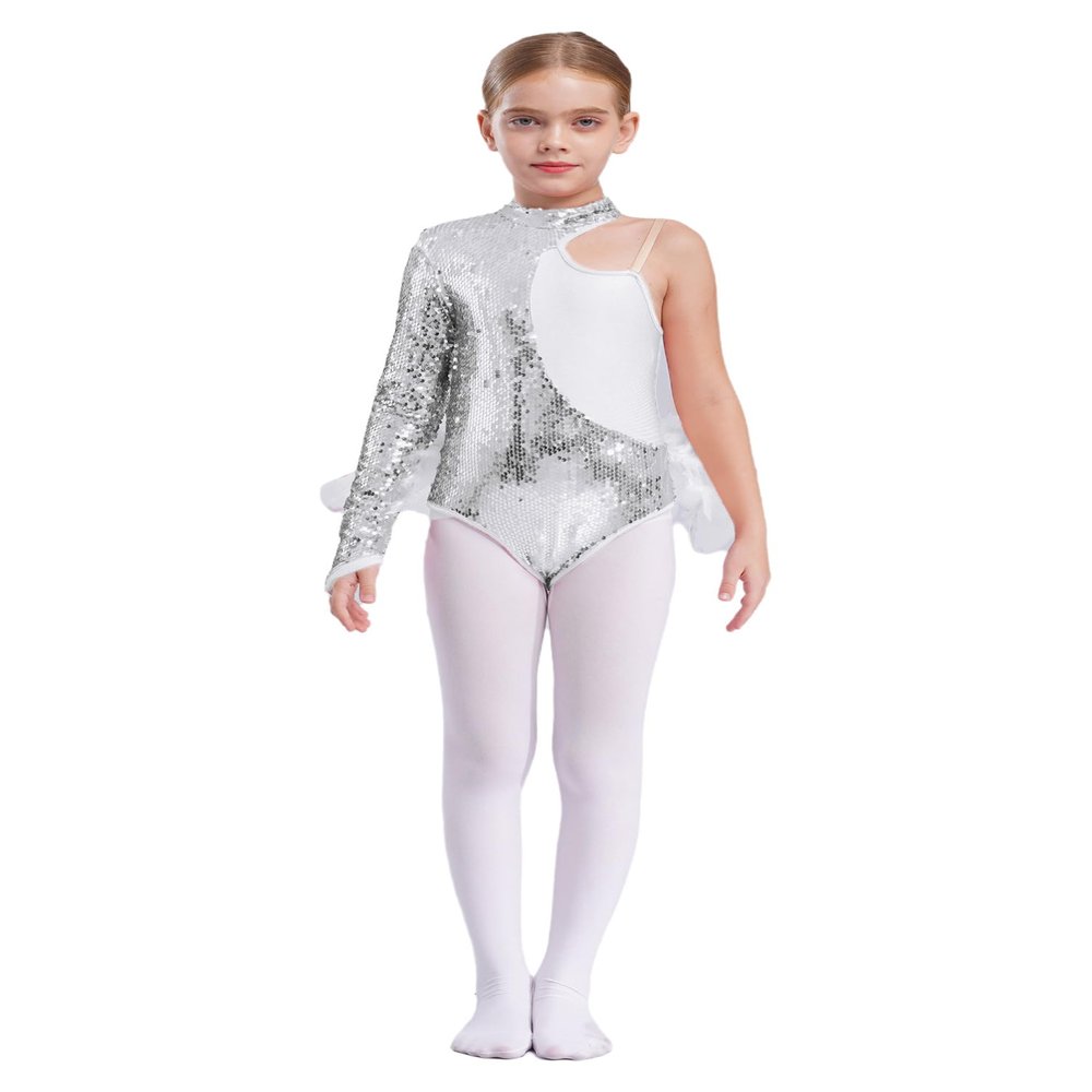 Aislor Kids Girls Sequins Feather Tulle Skirted Leotard Ballet Jazz Latin Dance Jumpsuit Bodysuit Performance Costume Silver 14 Years