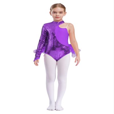 Aislor Kids Girls Sequins Feather Tulle Skirted Leotard Ballet Jazz Latin Dance Jumpsuit Bodysuit Performance Costume Purple 10 Years