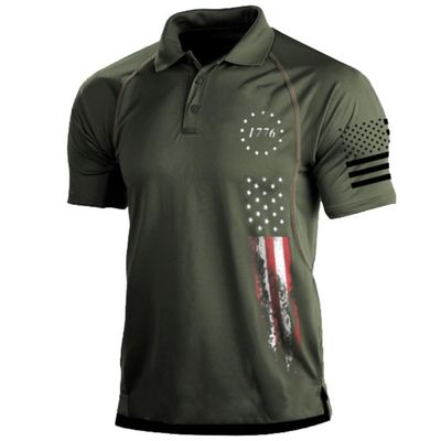 TOMITANY Men's 1776 American Flag Print Polo Shirt Independence Day Patriotic Short Sleeved Shirts Tops Army Green XXXXL