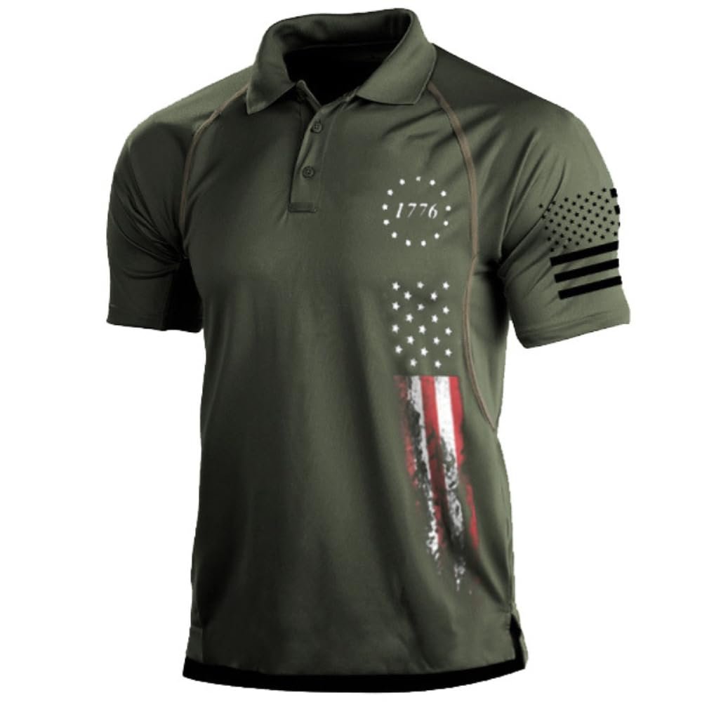 TOMITANY Men's 1776 American Flag Print Polo Shirt Independence Day Patriotic Short Sleeved Shirts Tops Army Green XXXXL