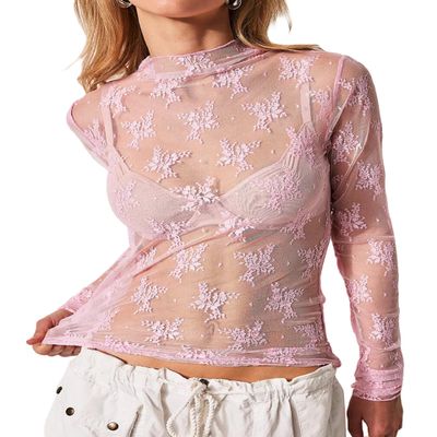 KMBANGI Women's Mesh Long Sleeve Top Mock Neck Sheer Blouse Floral Lace Layering Tops Y2k See Through Tee Shirt(Embroidery Pink,M)