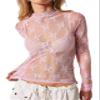 KMBANGI Women's Mesh Long Sleeve Top Mock Neck Sheer Blouse Floral Lace Layering Tops Y2k See Through Tee Shirt(Embroidery Pink,M) view 1