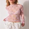 KMBANGI Women's Mesh Long Sleeve Top Mock Neck Sheer Blouse Floral Lace Layering Tops Y2k See Through Tee Shirt(Embroidery Pink,M) view 2