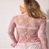 KMBANGI Women's Mesh Long Sleeve Top Mock Neck Sheer Blouse Floral Lace Layering Tops Y2k See Through Tee Shirt(Embroidery Pink,M) view 3