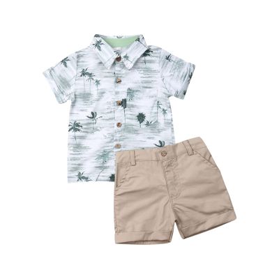 Karwuiio Toddler Baby Boy Summer Clothes Cute Print Short Sleeve T-Shirts Elastic Waist Shorts Set 2 Piece Outfits(Khaki Beach,1-2 Years)