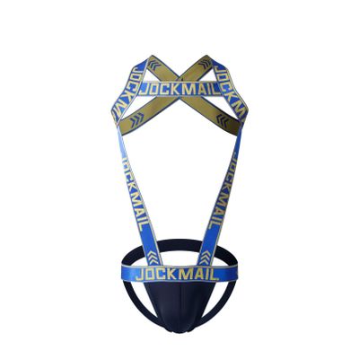JOCKMAIL Mens Harness with Jockstrap Bodysuit Sexy Mens Shoulder Straps G-String Thong Shoulder Strap Fitness One-piecs (X-Large,Blue)