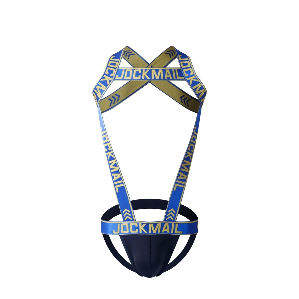 JOCKMAIL Mens Harness with Jockstrap Bodysuit Sexy Mens Shoulder Straps G-String Thong Shoulder Strap Fitness One-piecs (X-Large,Blue)
