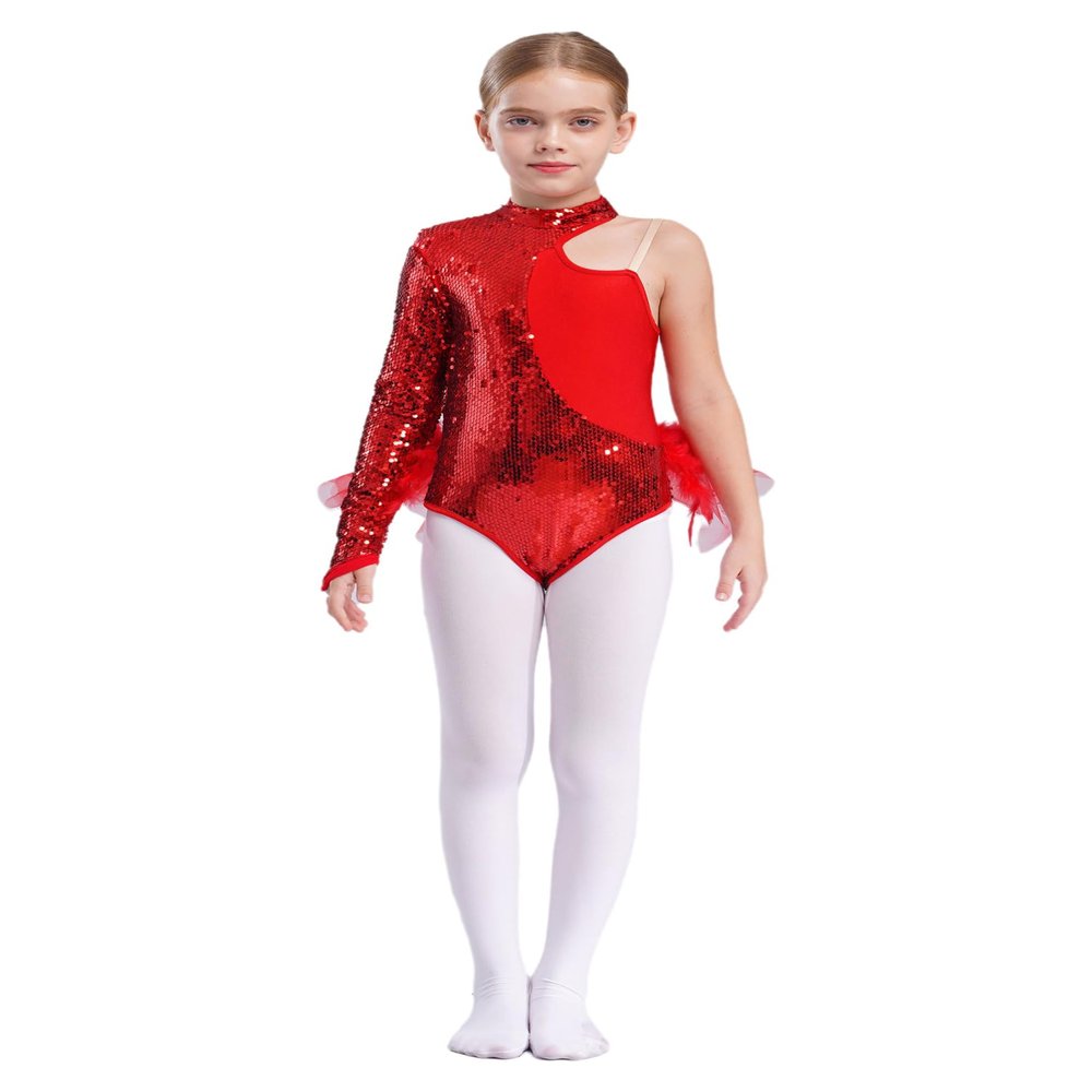 Aislor Kids Girls Sequins Feather Tulle Skirted Leotard Ballet Jazz Latin Dance Jumpsuit Bodysuit Performance Costume Red 14 Years
