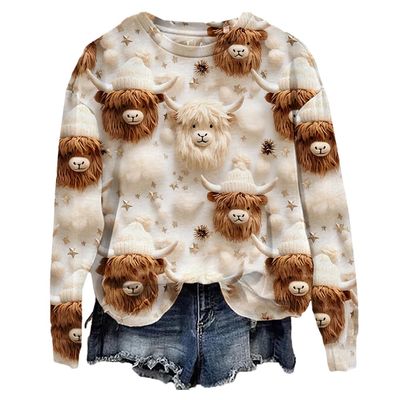 Highland Cow Sweatshirt - Vintage Western Print for Women - Beige