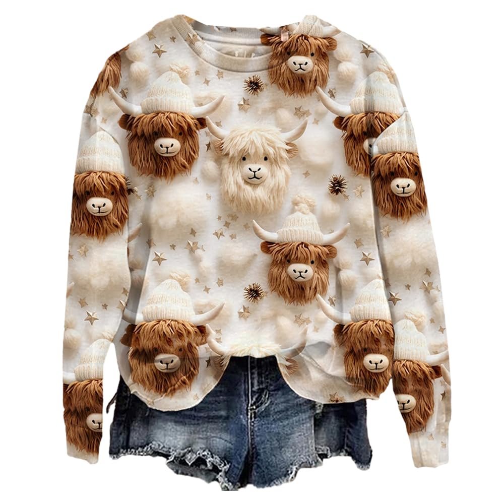 Highland Cow Sweatshirt - Vintage Western Print for Women - Beige