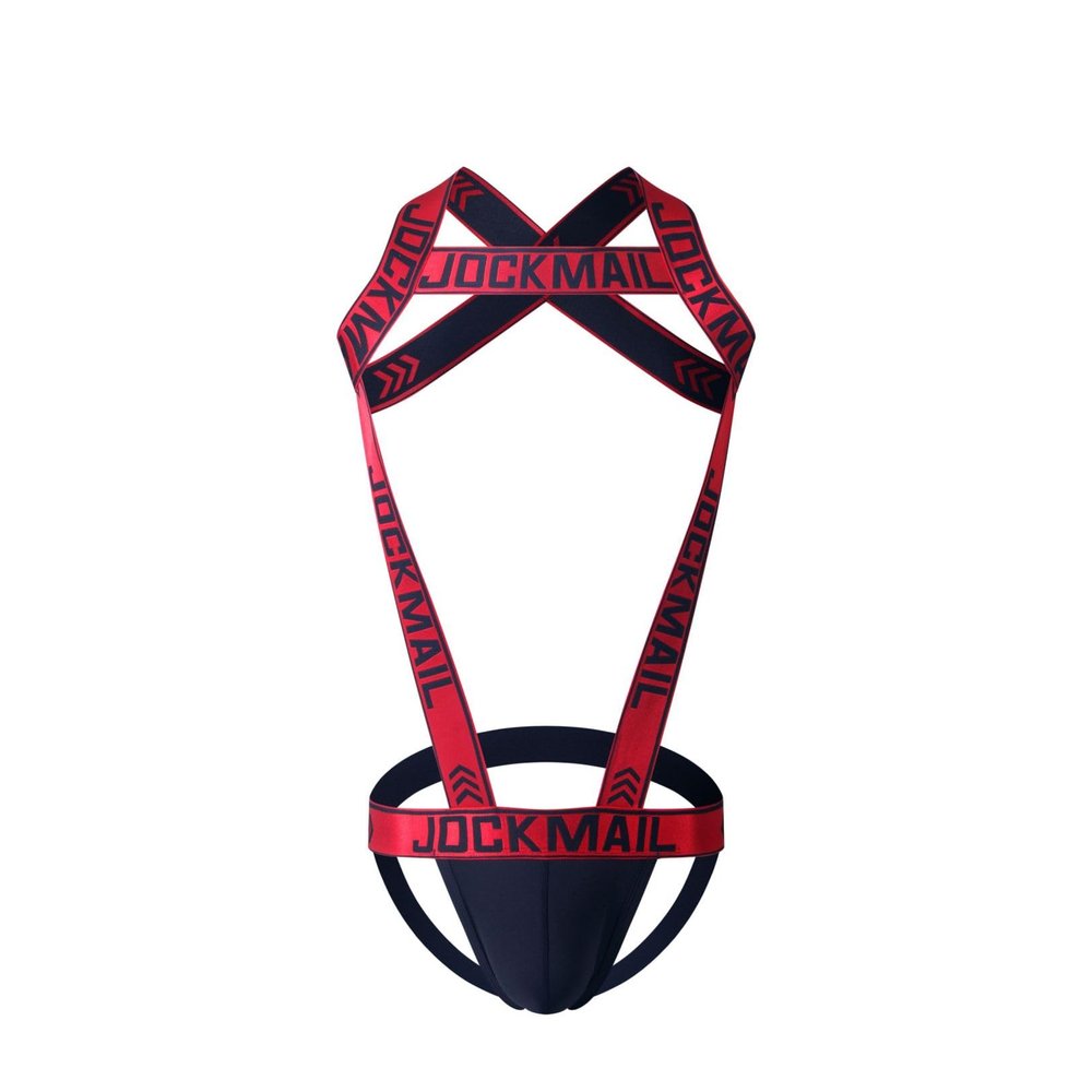 JOCKMAIL Mens Harness with Jockstrap Bodysuit Sexy Mens Shoulder Straps G-String Thong Shoulder Strap Fitness One-piecs (X-Large,Red)