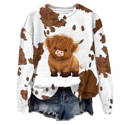 Highland Cow Sweatshirt for Women - Western Cow Print Shirt 3D - Cute White Cowprint Top
