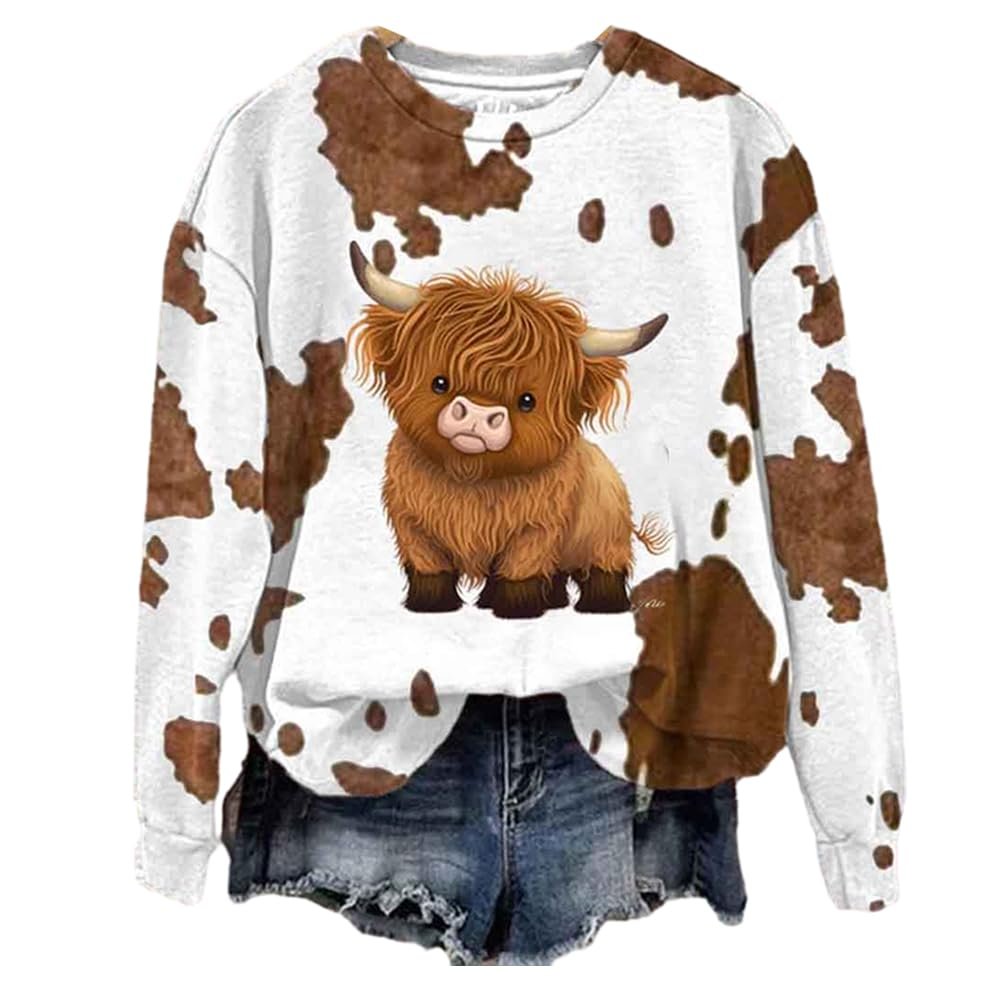 Highland Cow Sweatshirt for Women - Western Cow Print Shirt 3D - Cute White Cowprint Top