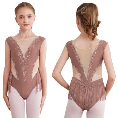 Agoky Kids Girls Tassel Fringe Bodysuit Gymnastics Leotard Sequin Latin Dance Dress Costume Skating Jumpsuit Coffee B 6 Years