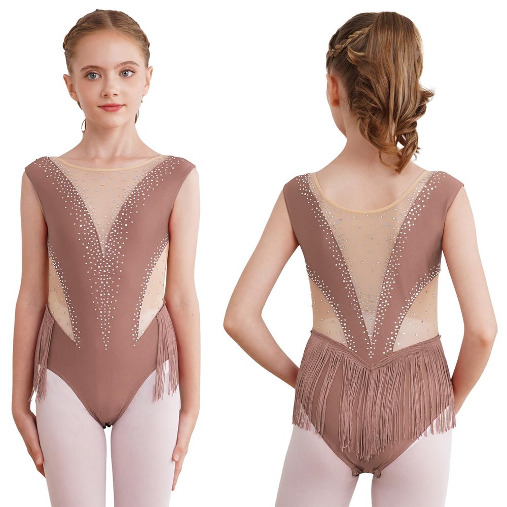 Agoky Kids Girls Tassel Fringe Bodysuit Gymnastics Leotard Sequin Latin Dance Dress Costume Skating Jumpsuit Coffee B 6 Years