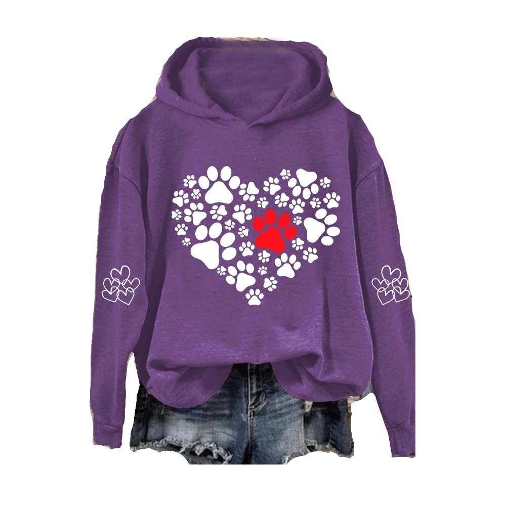 MOGUI Love Heart Dog Paw Print Sweatshirt Love Heart Dog Paw Print Hoodie Valentine'S Day Tshirts Vintage Tshirts Funny Crewneck Pullover Funny Graphic Sweatshirt Valentine'S Day Shirts Purple, Large