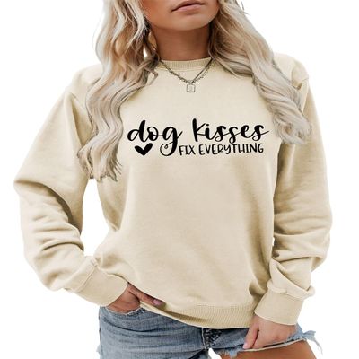 ESIKAH Dog Kisses Fix Everything Sweatshirt Womens Dog Heart Graphic Crewneck Pullover Top Funny Dog Lovers Gifts Shirt Beige, Medium