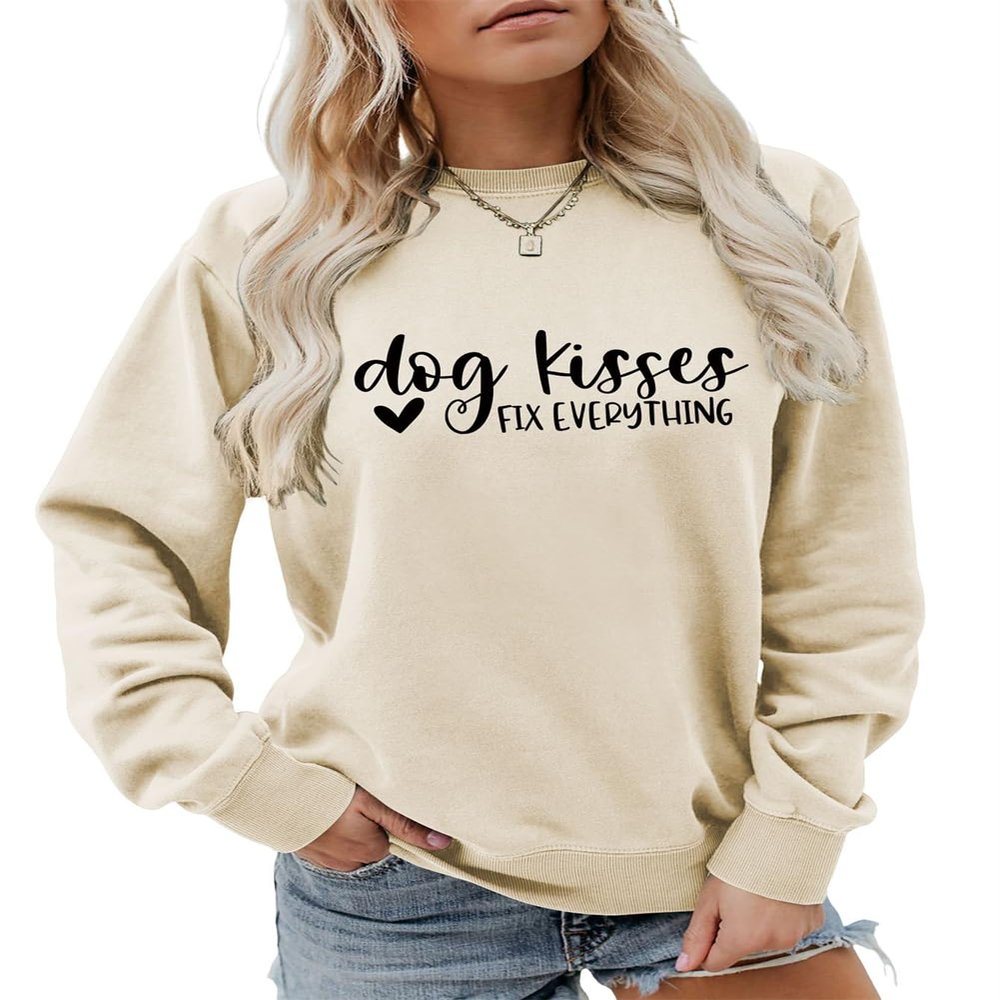 ESIKAH Dog Kisses Fix Everything Sweatshirt Womens Dog Heart Graphic Crewneck Pullover Top Funny Dog Lovers Gifts Shirt Beige, Medium