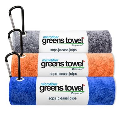Greens Towel 3 Pack Golf Towel Set for Golf Bags with Clip, Plush Microfiber Nap Fabric, 16x16, The Original, Multiple Colors (Grey-Orange-Blue)