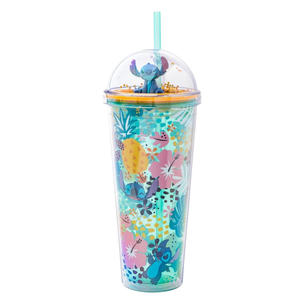 Silver Buffalo Disney Lilo and Stitch Aloha Tropical Leaves Pattern Dome Glitter Top Travel Tumbler, 24 Ounces
