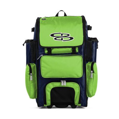 Boombah Rolling Superpack Baseball/Softball Gear Bag - 23-1/2" x 13-1/2" x 9-1/2" - BRSP2C23 Navy/Lime Green - Telescopic Handle - Holds 4 Bats - Wheeled Version