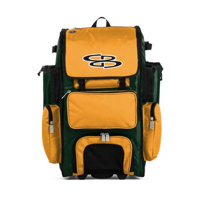 Boombah Rolling Superpack Baseball/Softball Gear Bag - 23-1/2" x 13-1/2" x 9-1/2" - BRSP2C23 Dark Green/Gold - Telescopic Handle - Holds 4 Bats - Wheeled Version