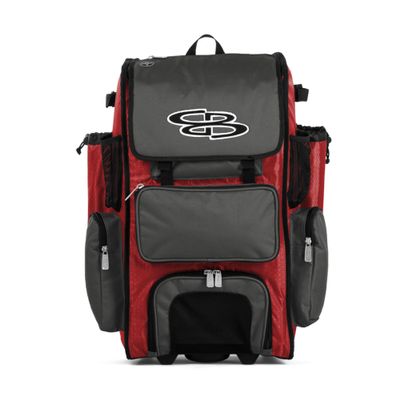 Boombah Rolling Superpack Baseball/Softball Gear Bag - 23-1/2" x 13-1/2" x 9-1/2" - BRSP2C23 Red/Charcoal - Telescopic Handle - Holds 4 Bats - Wheeled Version