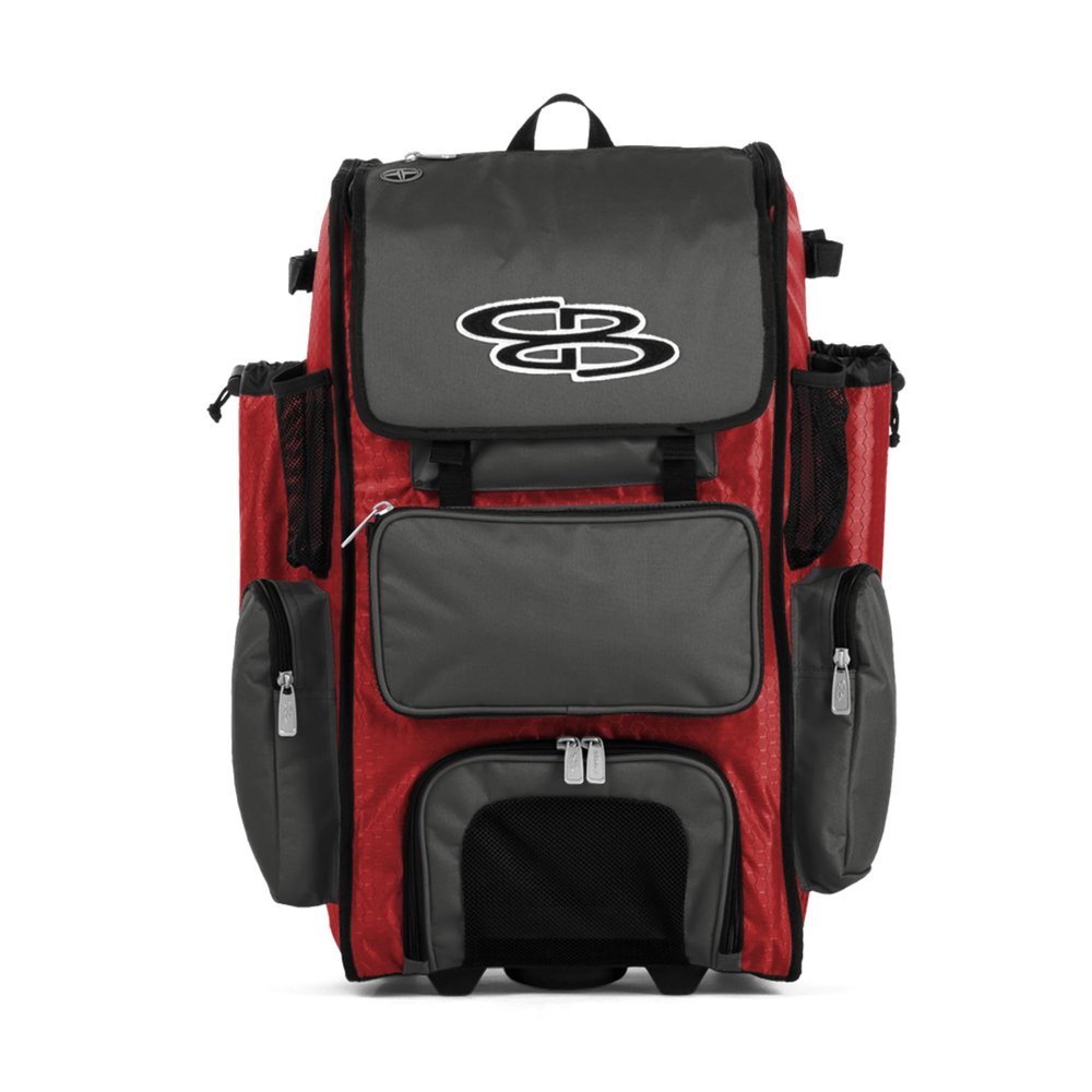 Boombah Rolling Superpack Baseball/Softball Gear Bag - 23-1/2" x 13-1/2" x 9-1/2" - BRSP2C23 Red/Charcoal - Telescopic Handle - Holds 4 Bats - Wheeled Version