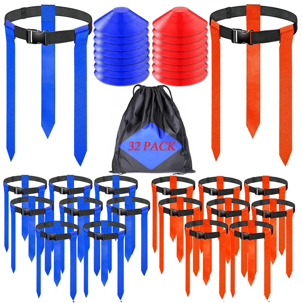 Unixing 16 Sets Flag Football Belts, Adjustable Flag Football Set, Flag Football Flags Training Set Include Cones, Storage Bag, 16 Sets Flag Football Belts with Cones