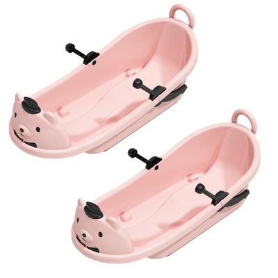 Children's Cartoon Bear Sledge, Sledge with Brake, Winter Sledge, Sledge with 2 Handles and Pull Rope, Thick Wear-Resistant Sledge