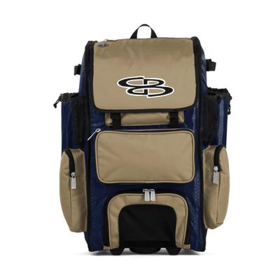 Boombah Rolling Superpack Baseball/Softball Gear Bag - 23-1/2" x 13-1/2" x 9-1/2" - BRSP2C23 Navy/Vegas Gold - Telescopic Handle - Holds 4 Bats - Wheeled Version