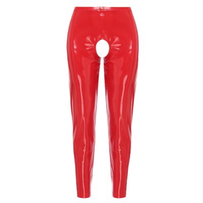 Lejafay Womens Sexy Patent Leather Long Pants Crotchless Trousers Pole Dance Bottoms Latex Leggings Long Red A 3X-Large