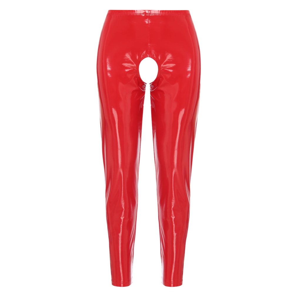 Lejafay Womens Sexy Patent Leather Long Pants Crotchless Trousers Pole Dance Bottoms Latex Leggings Long Red A 3X-Large