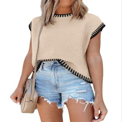 Disamer Cap Sleeve Knit Sweater Tops Sleeveless Vest 2026 Spring Clothes Oversized Summer Tank Trendy Short Sleeve T Shirts,Line Apricot,Small