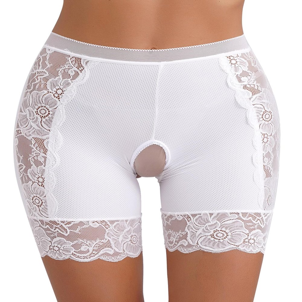 Hularka Women's Lace Trim Boy Shorts Underwear High Waist Hollow Out Safety Shorts Underpants White X-Large