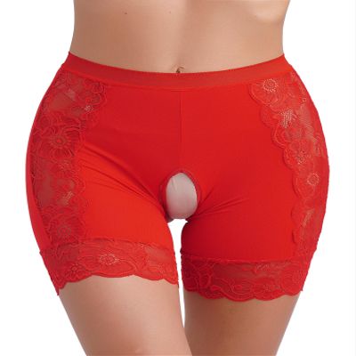 Hularka Women's Lace Trim Boy Shorts Underwear High Waist Hollow Out Safety Shorts Underpants Red X-Large