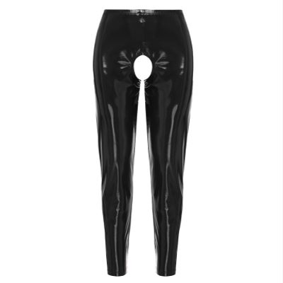 Lejafay Womens Sexy Patent Leather Long Pants Crotchless Trousers Pole Dance Bottoms Latex Leggings Long Black A Large