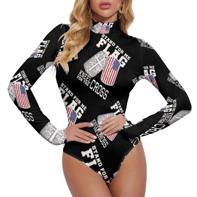 Stand for Me Kneel for Cross US Patriot Women's Long Sleeve Bodysuit Turtleneck Tops Stretch Jumpsuit T Shirts 2XL