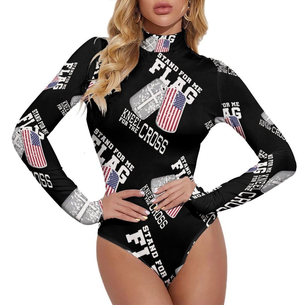 Stand for Me Kneel for Cross US Patriot Women's Long Sleeve Bodysuit Turtleneck Tops Stretch Jumpsuit T Shirts 2XL