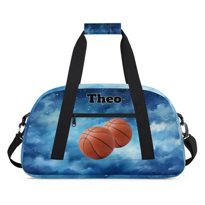 Custom Basketball Sports Bag for Men Boys, Personalized Sport Bag Travel Overnight Small Duffel Bag Gymnastics Workout Sleepover Overnight Bag, Watercolor Blue Galaxy Starry Sky