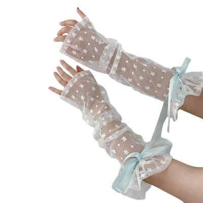 Baynoyia Y2K Sheer Mesh Tulle Arm Sleeves Ribbon Bow Dec Elbow Length Floral Lace Arm Warmers Wedding Bridal Fingerless Gloves (White Blue, One Size)
