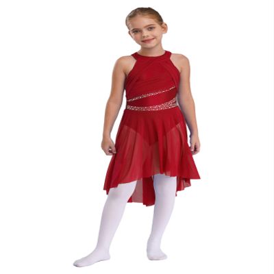 FEESHOW Girls Sequined Sleeveless Ballet Contemporary Lyrical Dance Dress Leotard Irregular Skirt Costumes Burgundy 6 Years